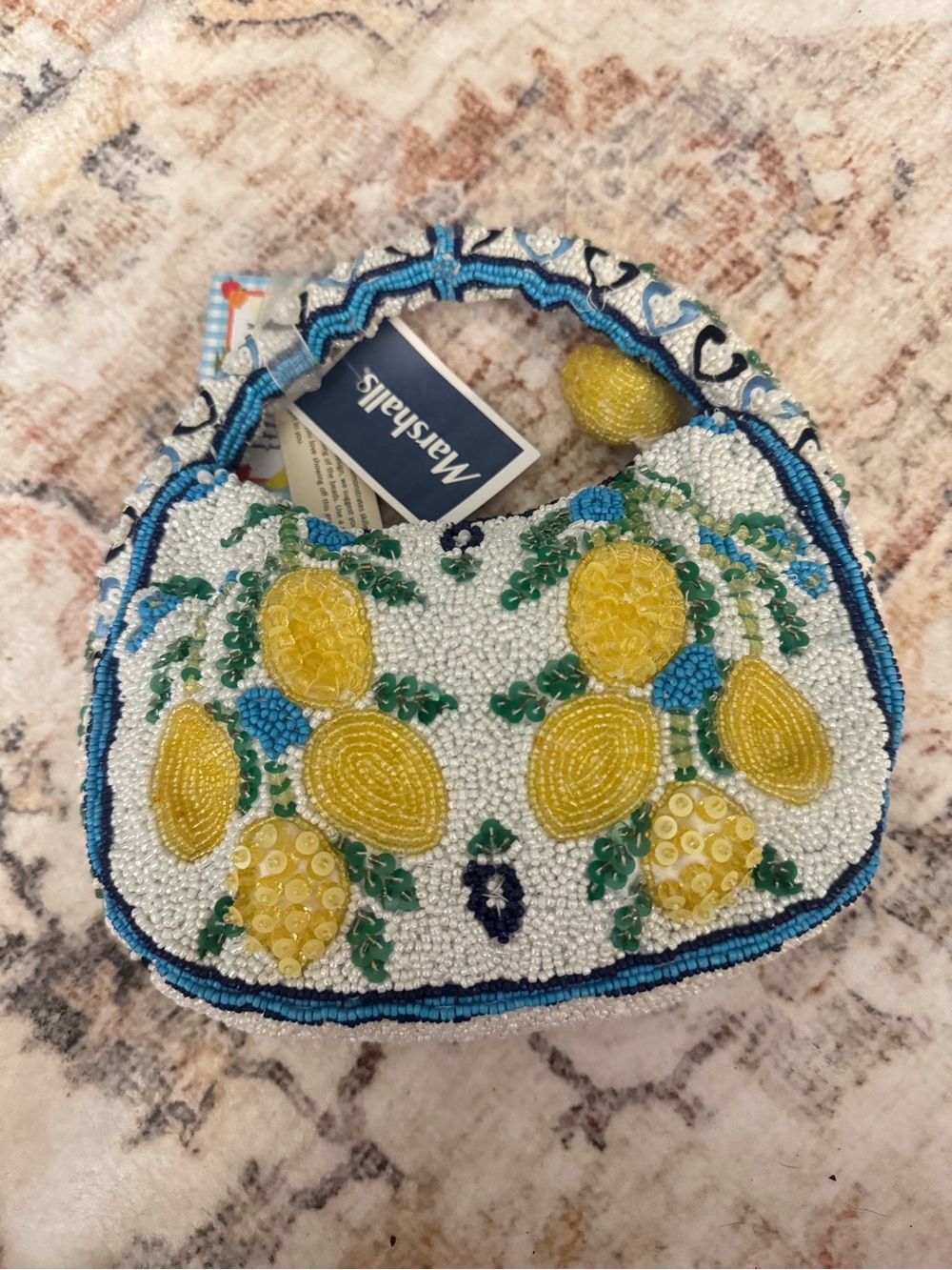 NWT Made In India White/Blue/Yellow Beaded Lemon Mini Bag Viral Handmade - Picture 3 of 3